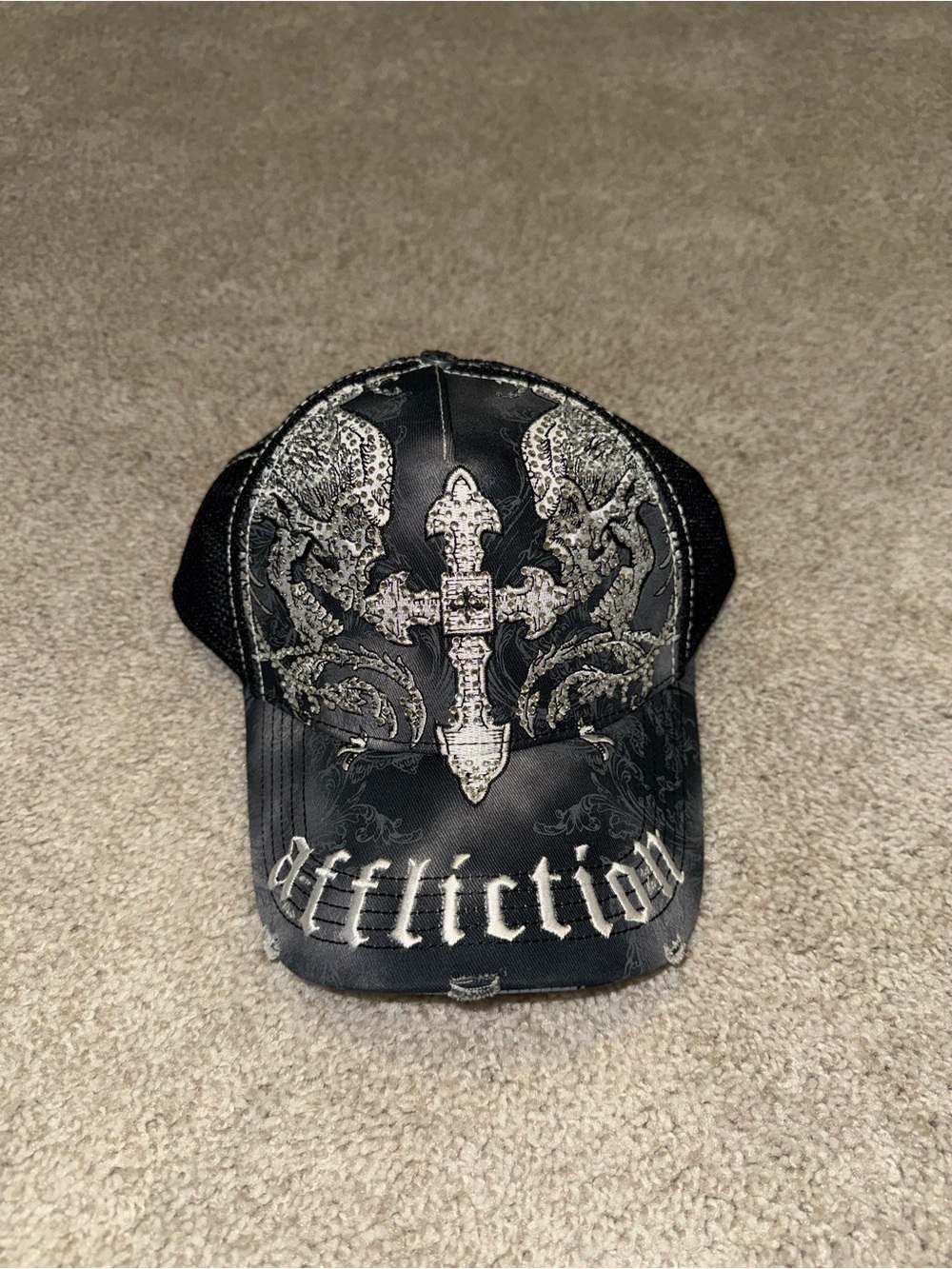 Affliction Black and Silver Rhinestone Embroidered Cross Hat